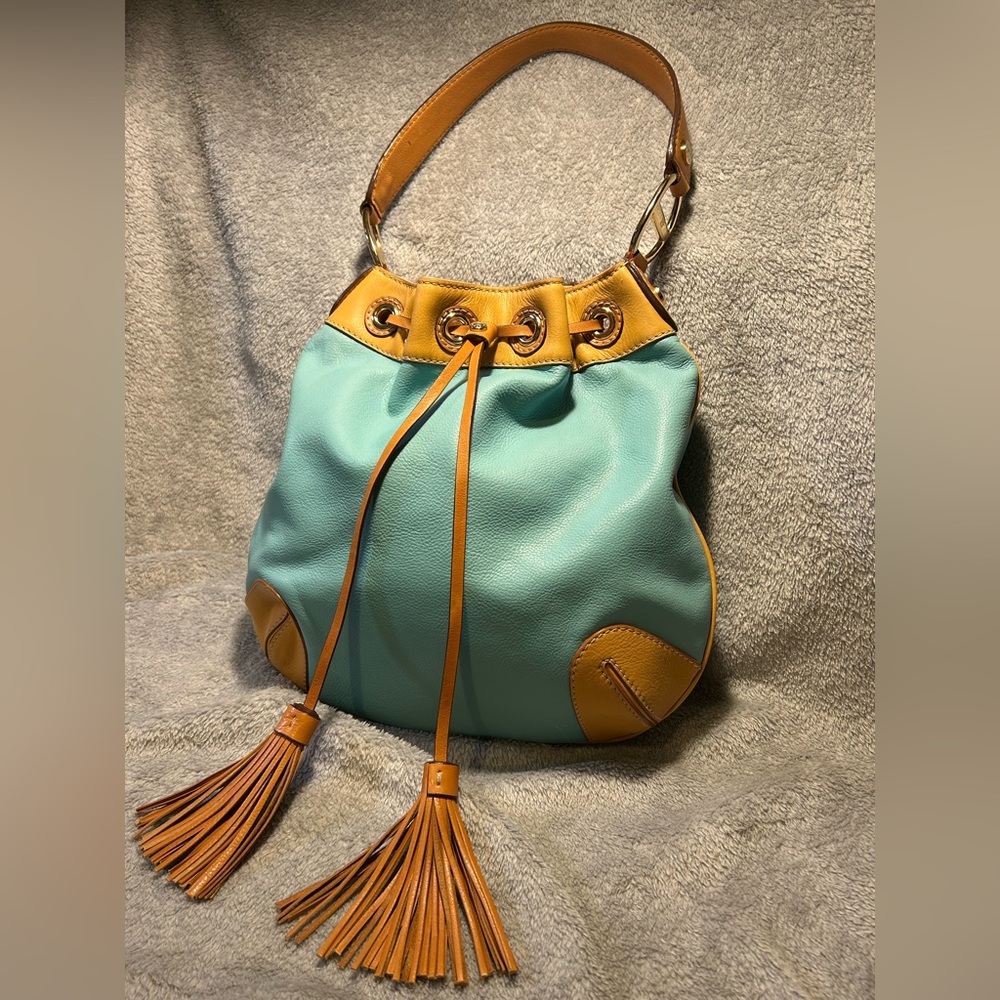 Michael Kors Griffin Drawstring Hobo Turquoise & Tan Leather - Picture 2 of 10